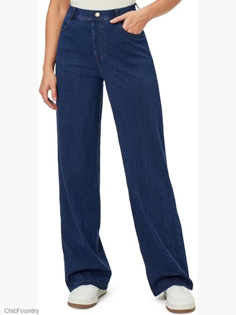 High Waisted Wide Leg Jeans Pull On Stretchy Denim Casual Pants